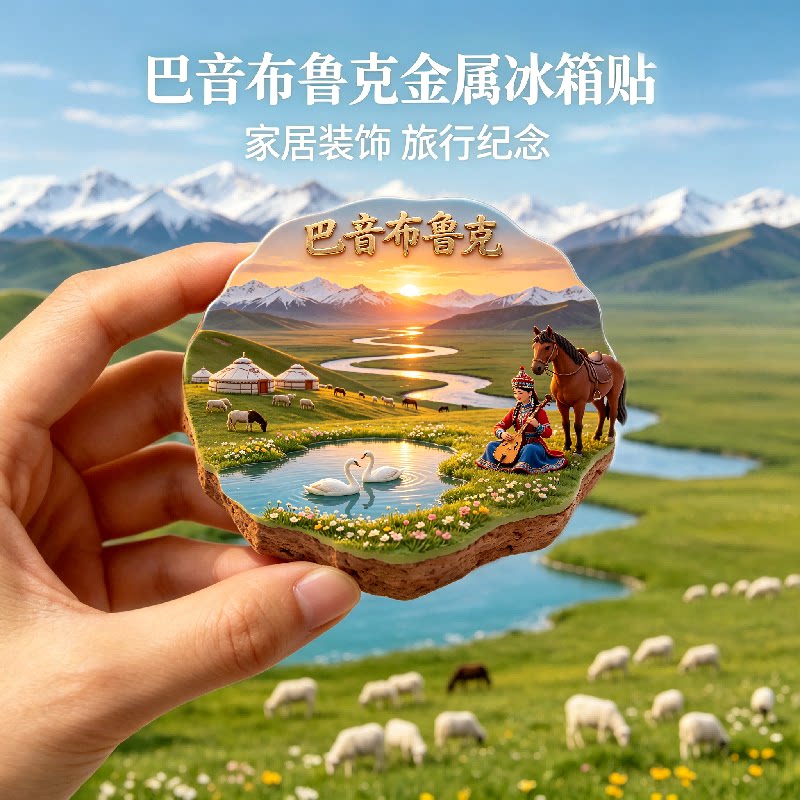 新疆巴音布鲁克草原金属磁吸冰箱贴九曲十八弯天鹅湖旅游文创纪念
