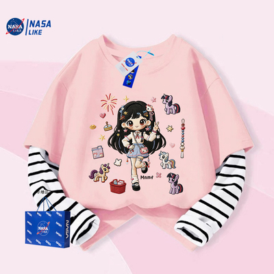 NASA联名小宝玛丽印花小女孩插肩纯棉长袖T恤洋气时髦女童上衣潮