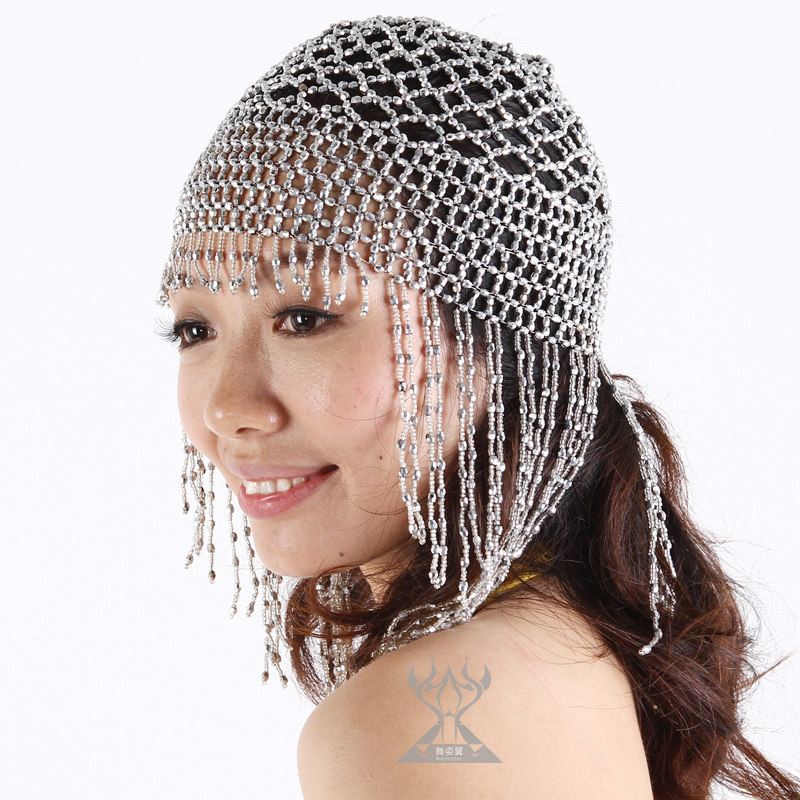 肚皮舞流苏帽子 闪光手工串珠帽子 印度肚皮舞表演配饰金色银色