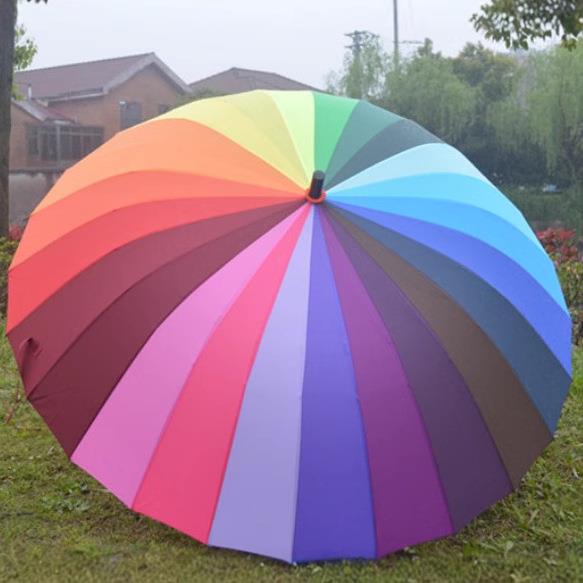 新款直销现货24骨自动弯钩彩虹伞双人伞晴雨伞长柄伞可印logo超大