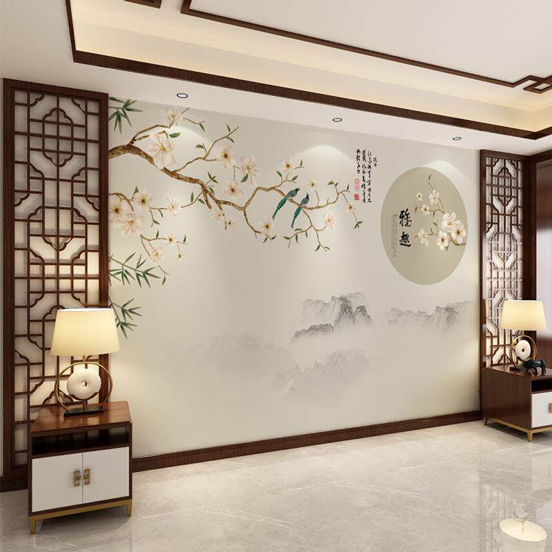 新款直销新中式山水花鸟壁纸卧室电视背景墙纸沙发装饰壁画客厅影