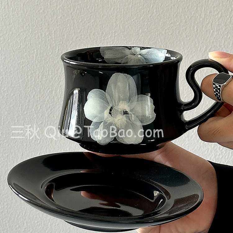 新款直销三秋Sanq复古黑釉雾花手作杯中古咖啡杯碟下午茶水杯小众,餐饮具,咖啡杯,淘宝优惠券,粉丝福利购,淘宝优惠卷