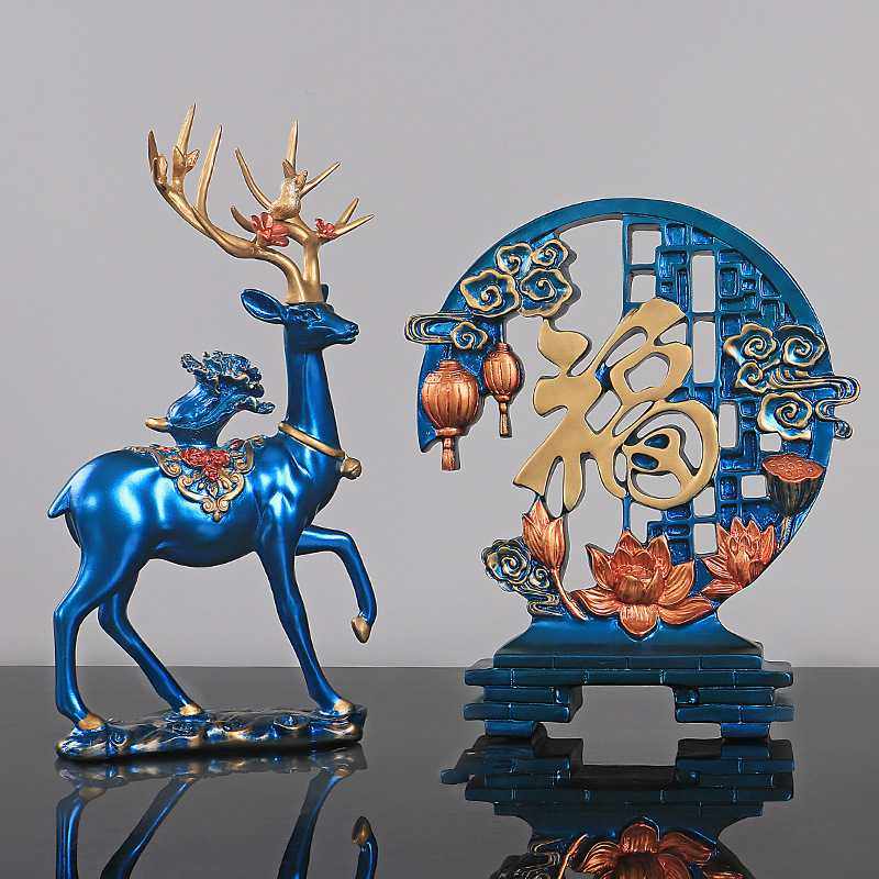 新款直销树脂工艺品福字对鹿三件套摆件家居客厅玄关电视柜装饰品,家居饰品,桌面摆件,淘宝优惠券,粉丝福利购,淘宝优惠卷
