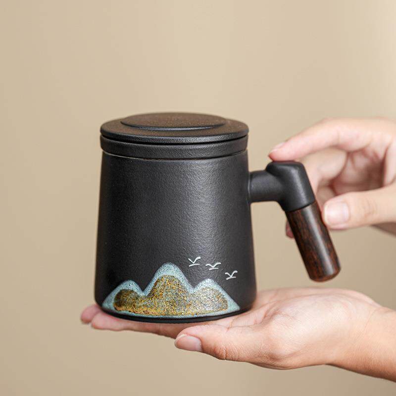 新款直销公司商务粗陶青山飞鸟茶杯套装陶瓷办公杯年会礼物实用高