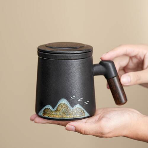 新款直销公司商务粗陶青山飞鸟茶杯套装陶瓷办公杯年会礼物实用高