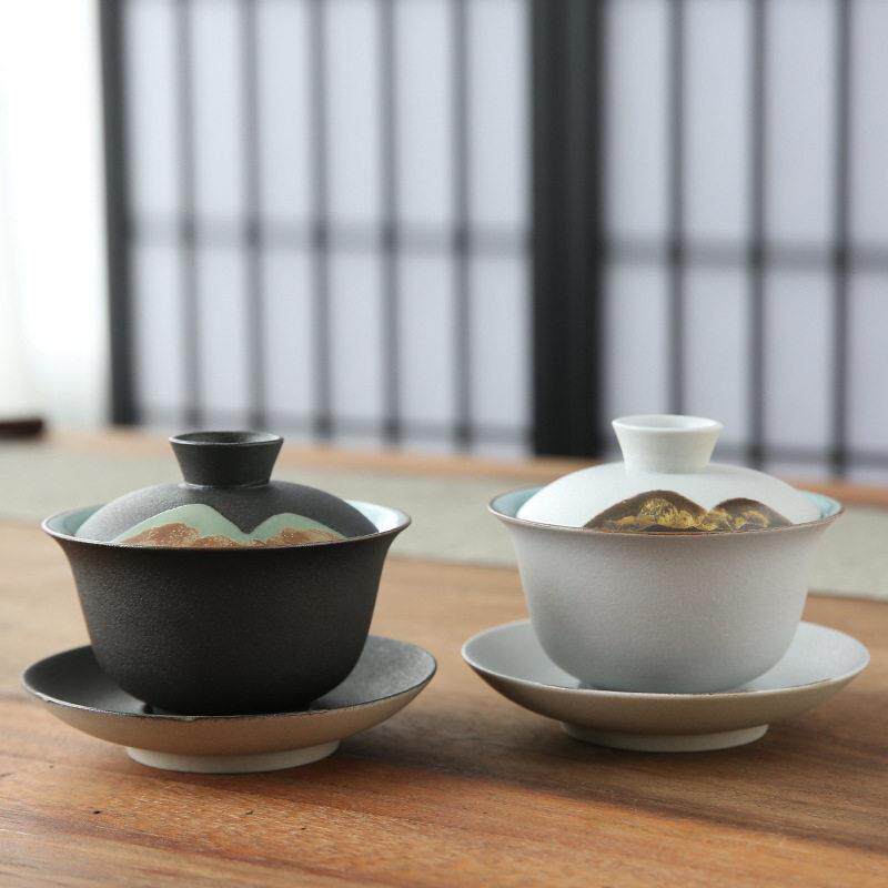 新款直销远山三才盖碗 日式手绘陶瓷功夫茶具茶杯茶碗粗陶家用泡