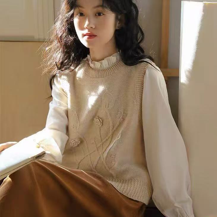 【山茶花马甲】新款山茶花洋气减龄圆领针织套头马甲x696