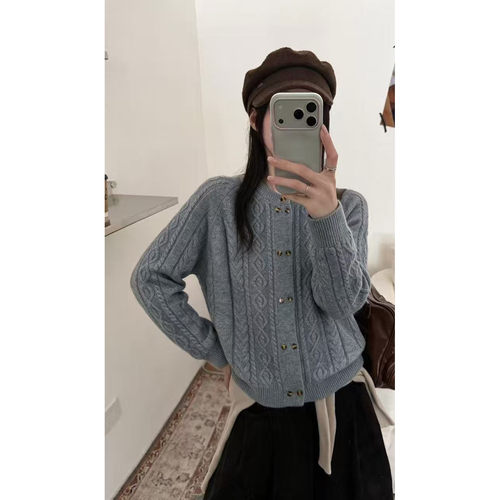 【双排扣】秋冬新款圆领麻花面女士简约百搭长袖针织开衫x1695