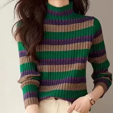 【高领撞色条纹】新款高领撞色条纹洋气针织套头衫x554