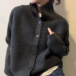韩系坑条高领百搭慵懒感针织开衫 新款 x837 韩系坑条高领