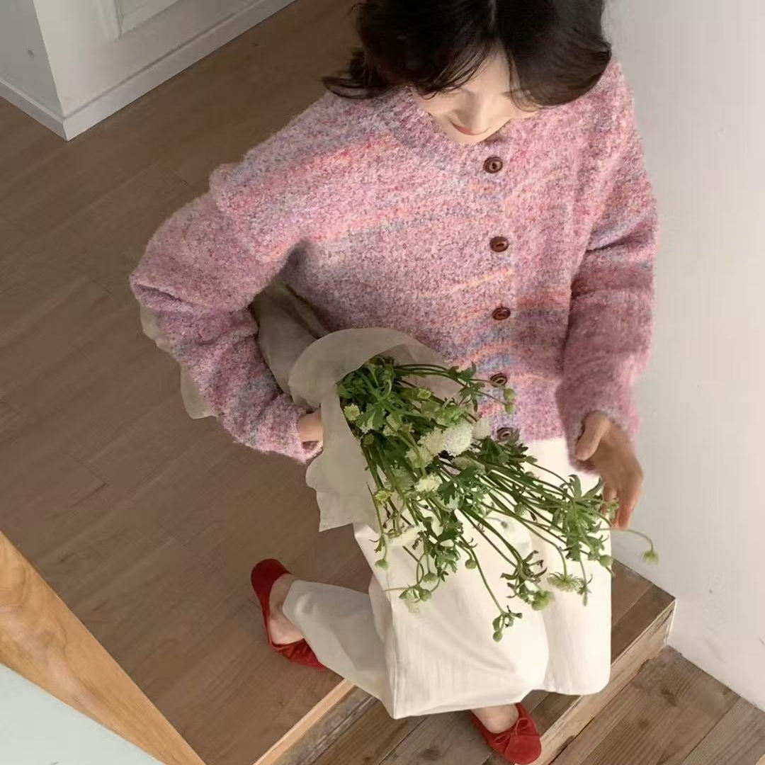 【 彩纹开衫】新款百搭彩纹圆领针织开衫x107