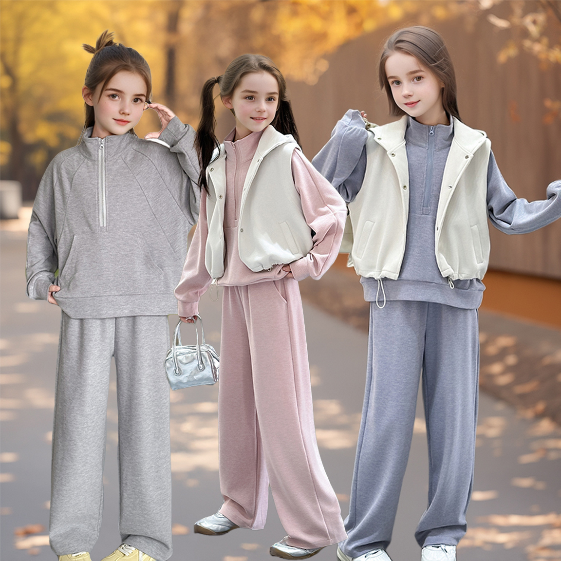 女童保暧休闲马甲卫衣三件套中大童粉色半高领带帽运动直筒裤套装