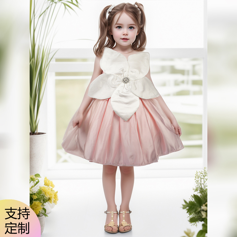 女宝粉色无袖缎面蓬蓬裙