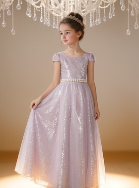 女童大码演出礼服紫色亮片公主裙初高中生女爆款生日宴十岁晚礼服