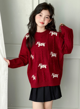 过年红色套装中大女童加厚女孩男孩新年毛衣喜庆拜年服休闲二件套