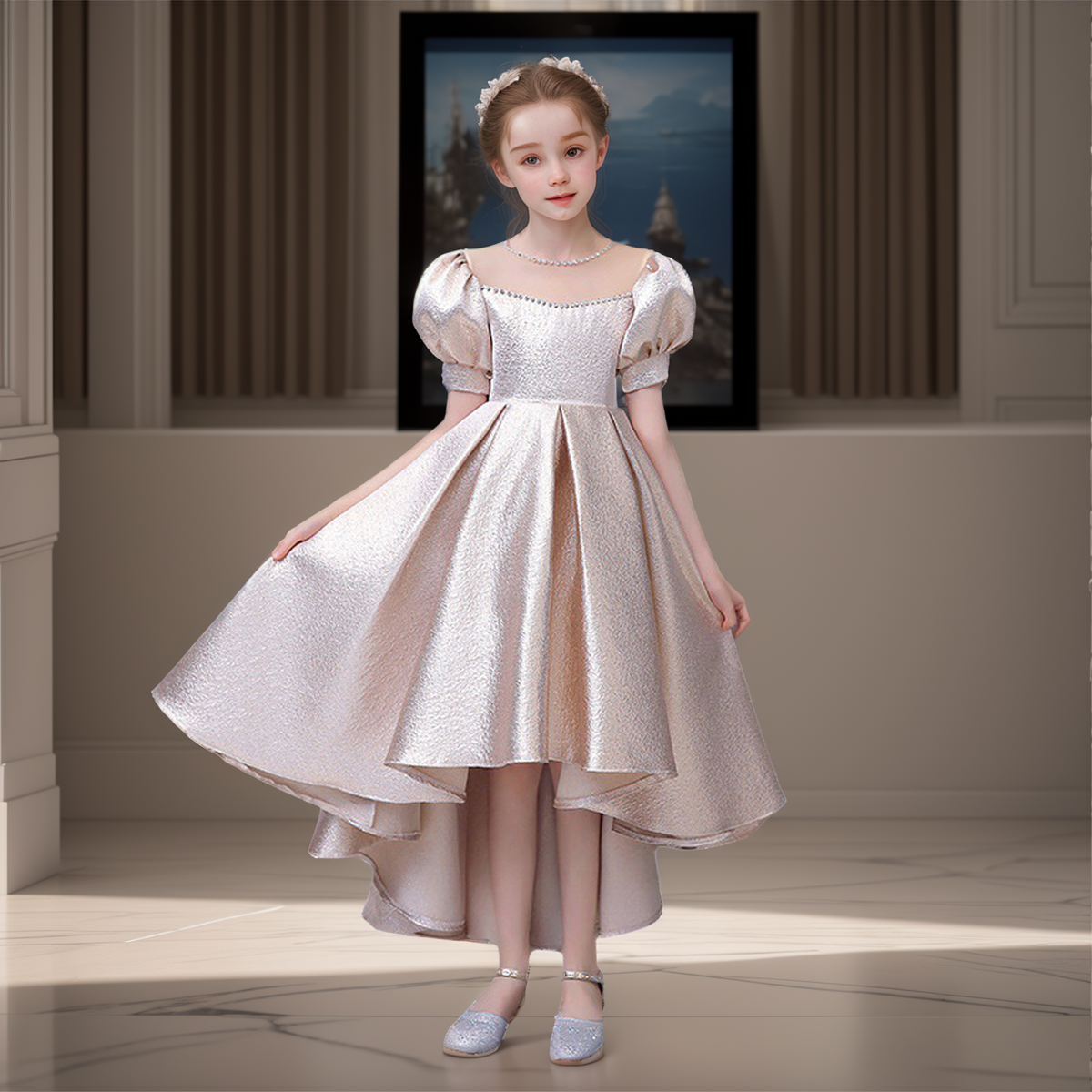 胖童香槟金演出礼服初中生亮面高定泡泡袖前长后短走秀晚会表演裙,童装/婴儿装/亲子装,儿童礼服,淘宝优惠券,粉丝福利购,淘宝优惠卷