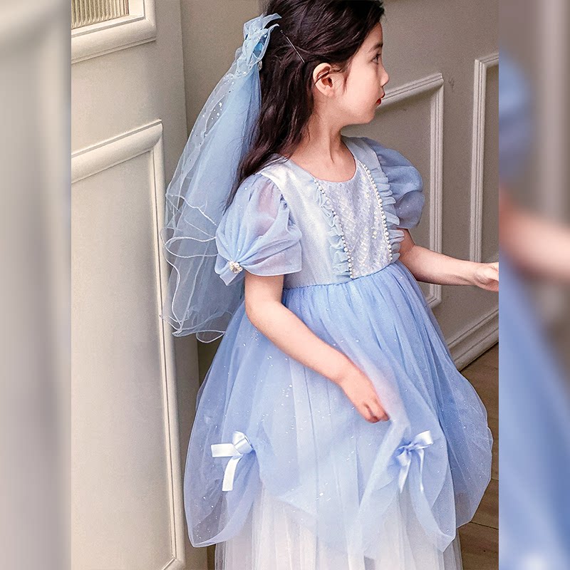 女童蓝色洛丽塔公主裙新款亮片纱裙蝴蝶结连衣裙表演礼服裙高级感