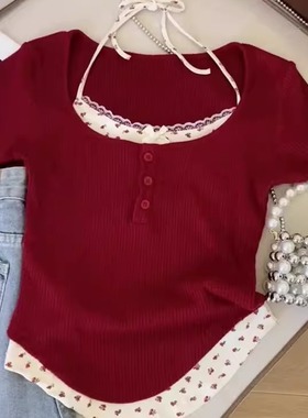 红色甜辣妹假两件蕾丝短袖t恤女夏季bm风纯欲小香风碎花挂脖上衣