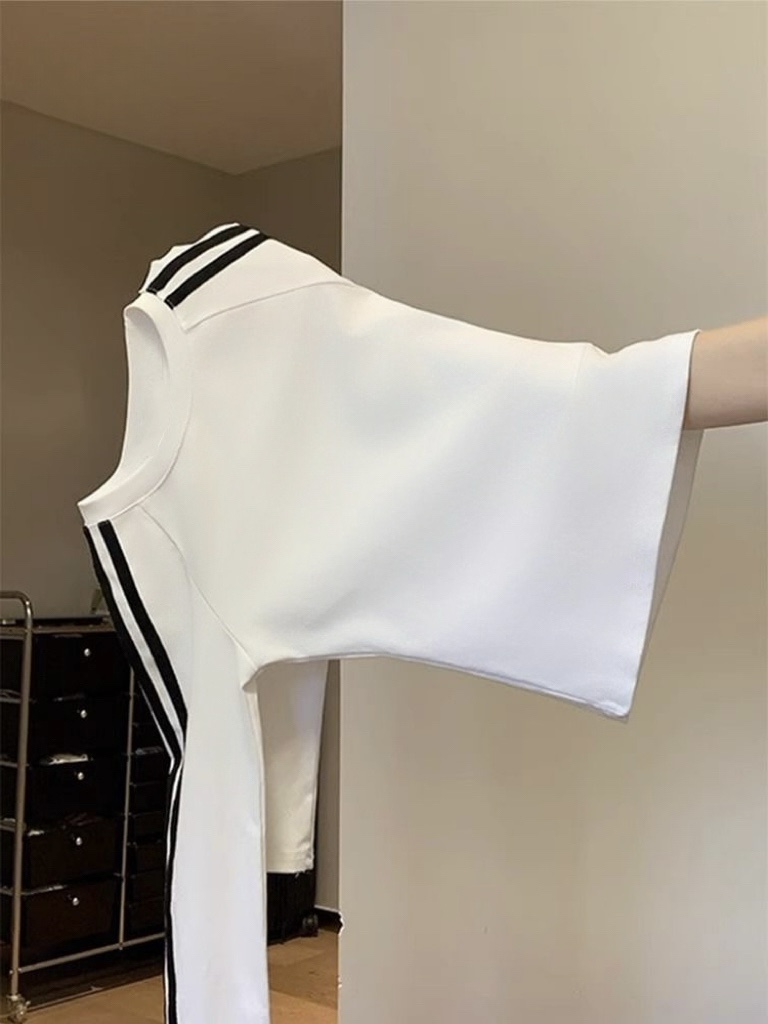 德绒插肩条纹长袖t恤女