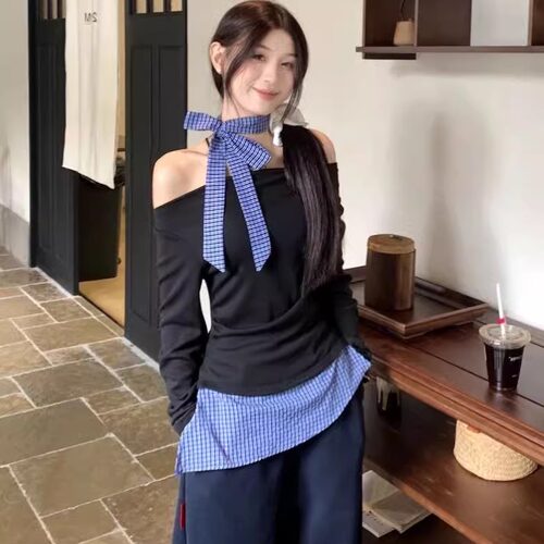 韩系假两件格子拼接挂脖打底衫女早秋chic设计感一字露肩T恤上衣
