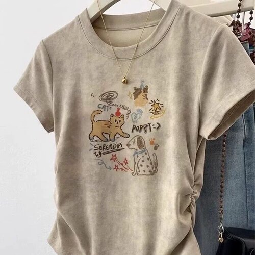 韩系chic正肩t恤女皱褶设计感收腰短款短袖ins潮扎染纯棉上衣夏季