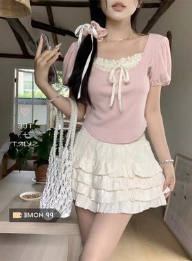 纯欲芭蕾风弧形短袖T恤女夏修身短款木耳边蝴蝶结拼接泡泡袖上衣