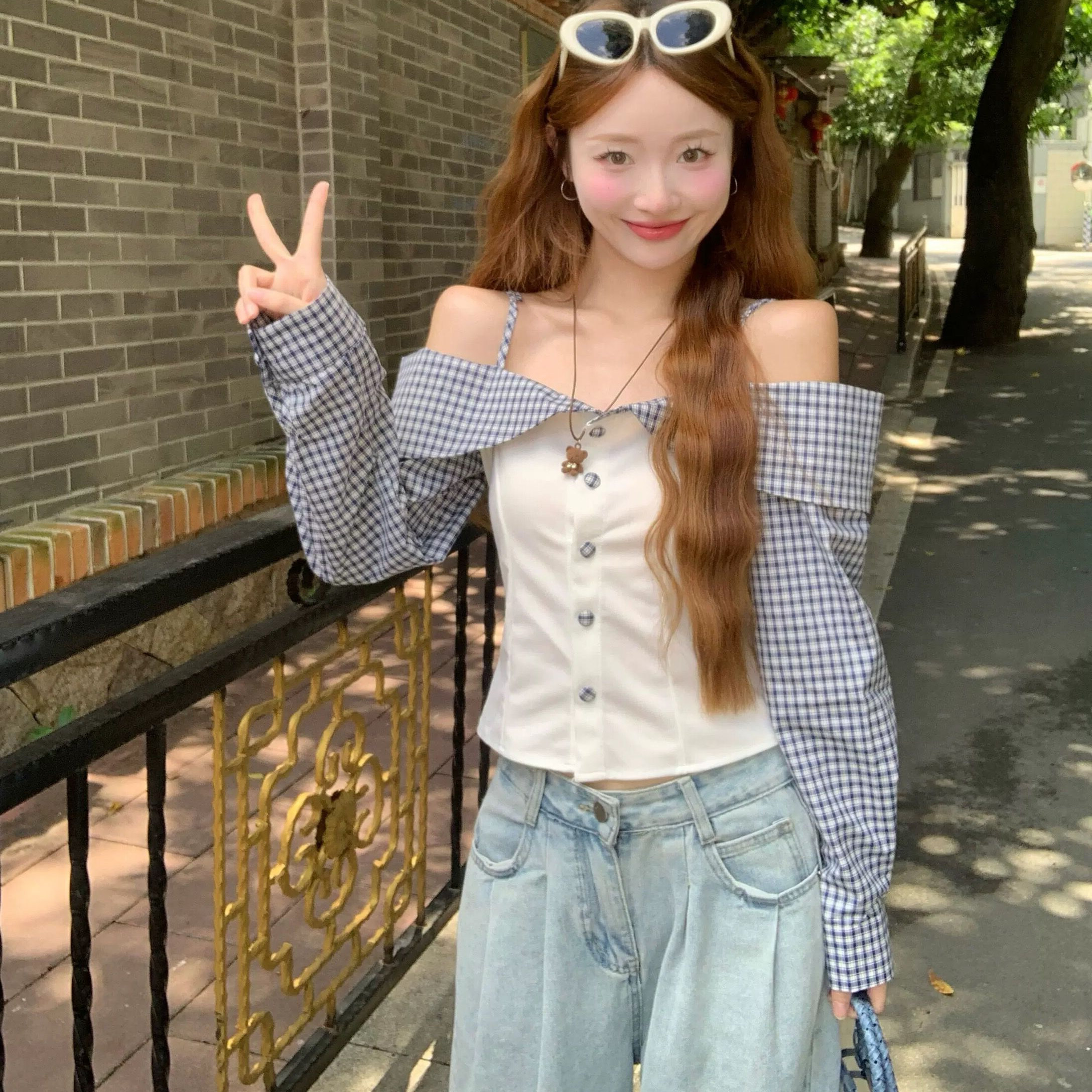 早秋假两件甜美风格子一字领收腰