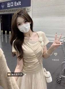立体花朵短袖 2024新款 法式 T恤女夏季 上衣 气质修身 褶皱设计感短款