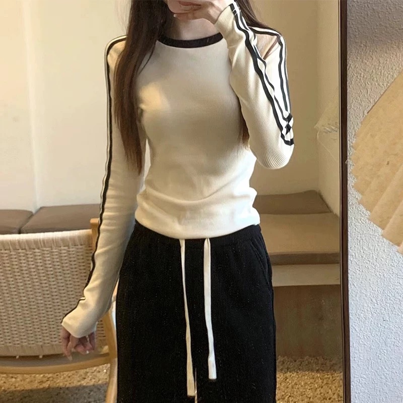 条纹德绒打底衫女秋冬内搭