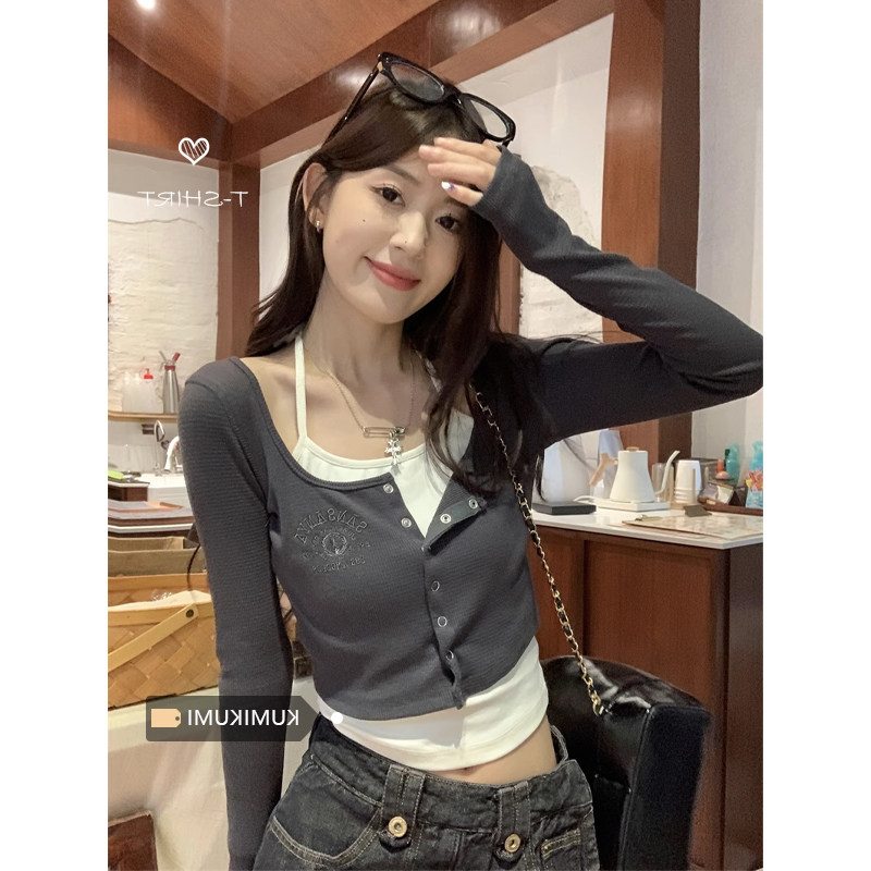 假两件挂脖长袖T恤女早秋
