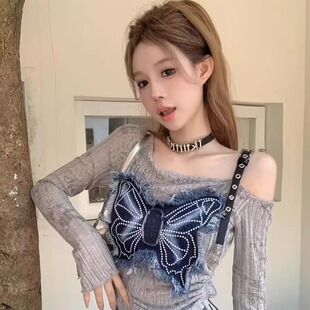 秋季 复古y2k辣妹牛仔拼接蝴蝶露肩长袖 上衣打底衫 女 独特别致美式