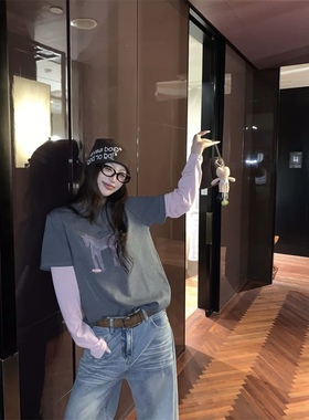 卡通小马撞色拼接假两件磨毛长袖T恤女2026早春新款百搭时尚上衣