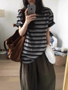 美式 T恤女夏季 2026新款 百搭简约圆领上衣 复古条纹松弛感宽松短袖
