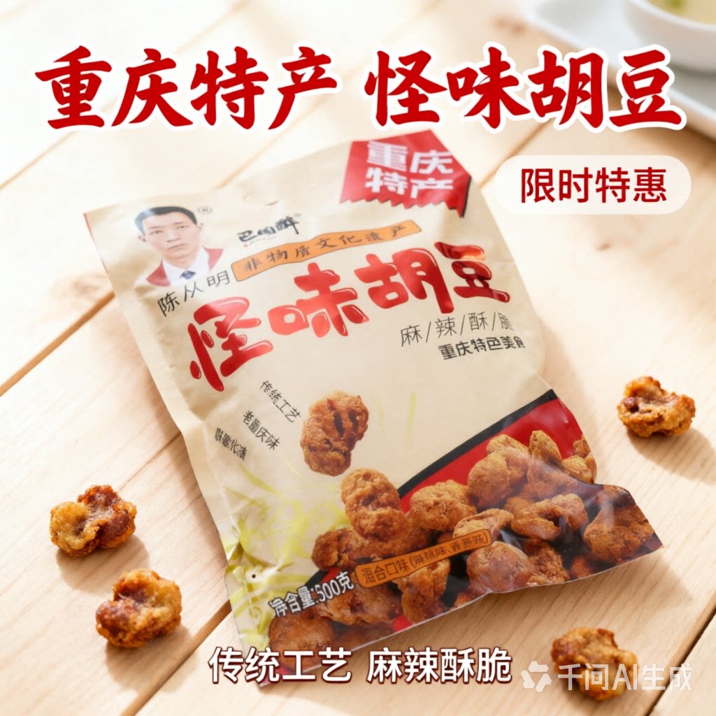 重庆味道陈从明怪味胡豆麻辣牛肉蟹黄味280g多味豆瓣灌装小吃零食