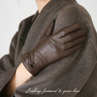 沙特进口小羊皮手套女秋冬季蝴蝶结修手真皮手套女士触屏皮手套女