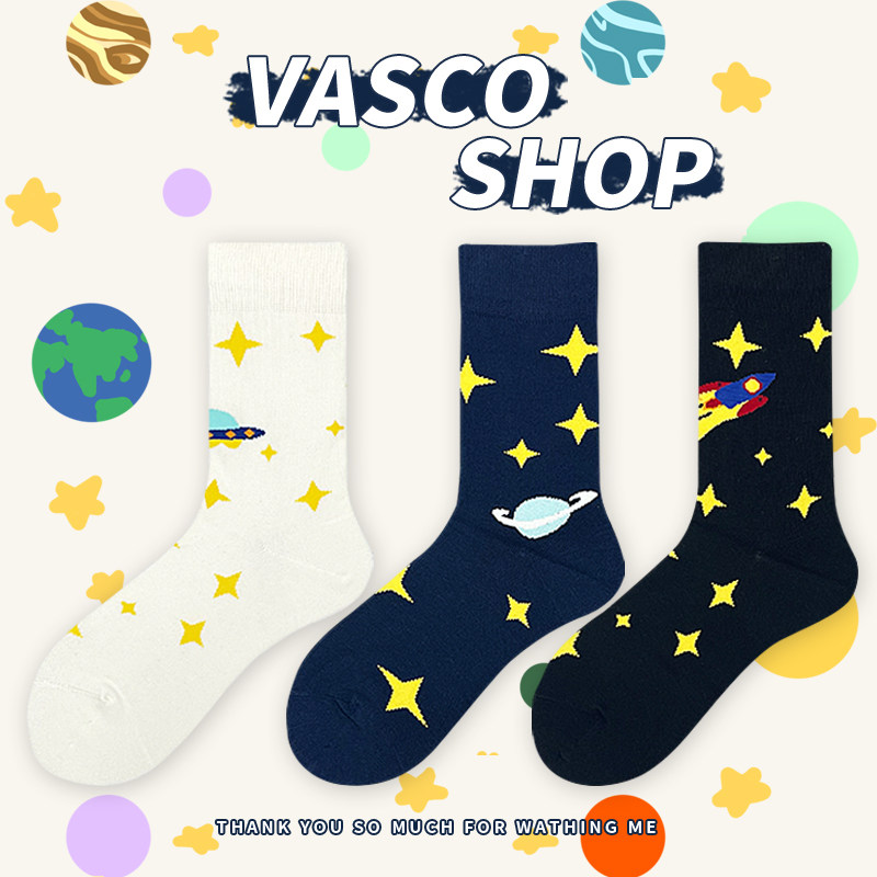 袜子情侣潮袜可爱星球无骨缝合中筒袜 运动百搭卡通棉袜ins学院风