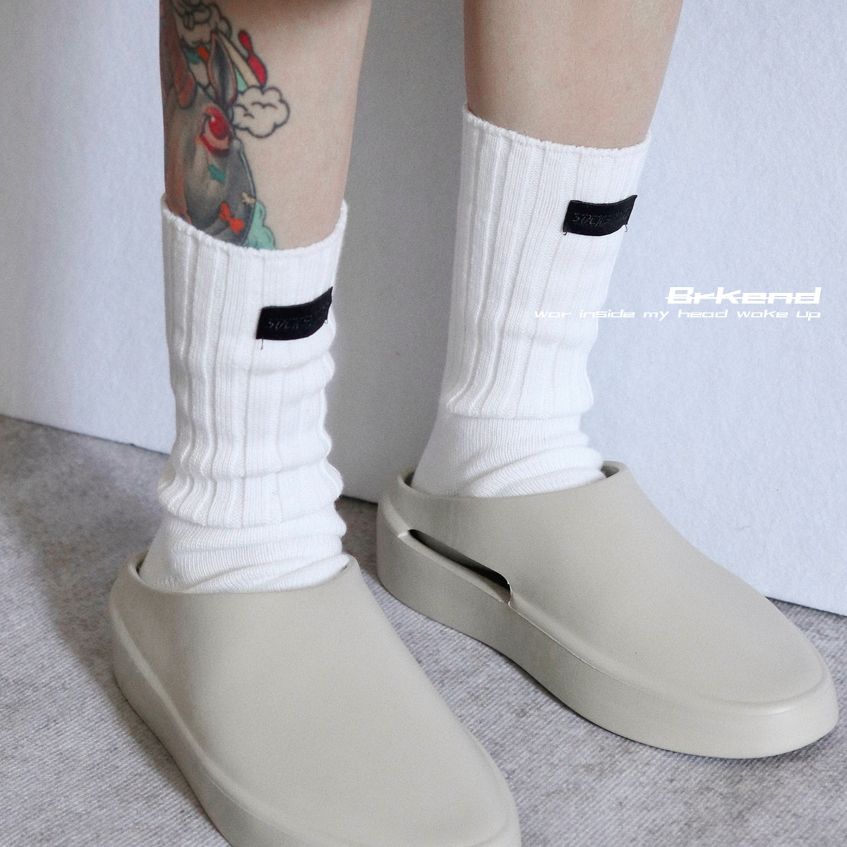 Brkend新款粗毛线标签袜子纯色纯棉中筒堆堆袜男女针织潮袜ins