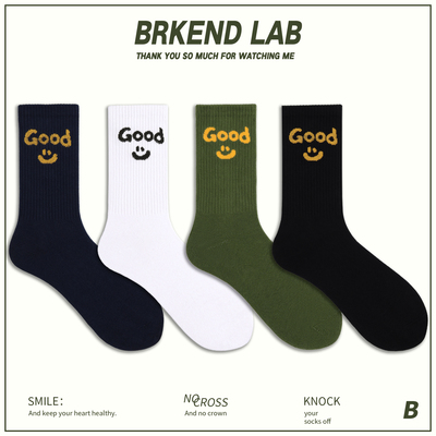 Brkend笑脸袜子ins比伯同款潮牌街头运动中筒袜 纯棉滑板长袜情侣