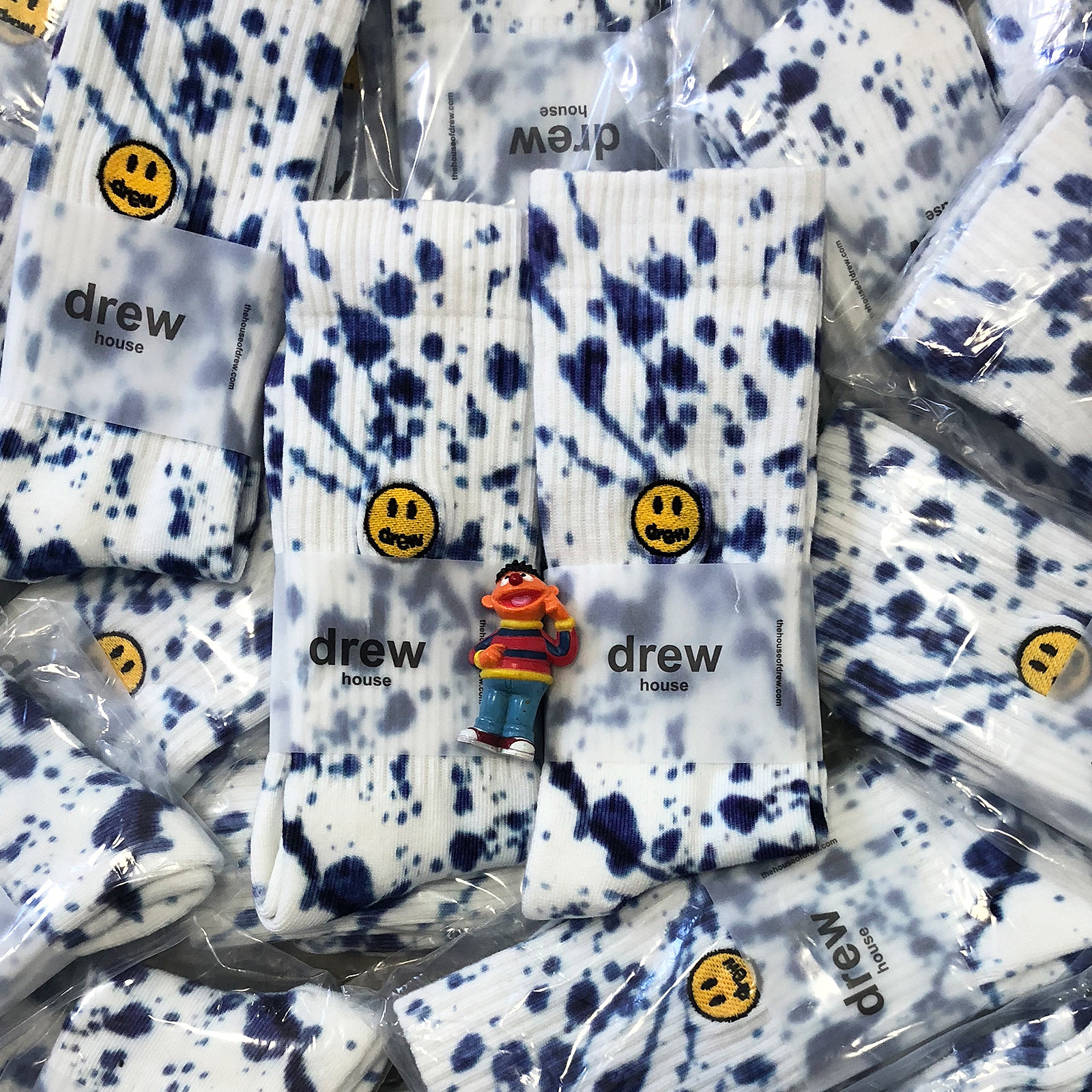 潮牌笑脸毛巾底袜子蓝色泼墨刺绣中筒袜纯棉运动袜长筒袜嘻哈街头