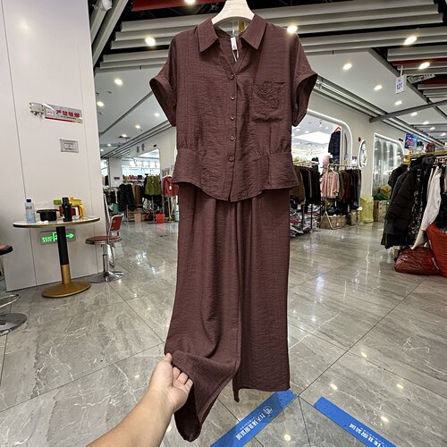妈妈装翻领短袖衬衫阔腿裤两件套