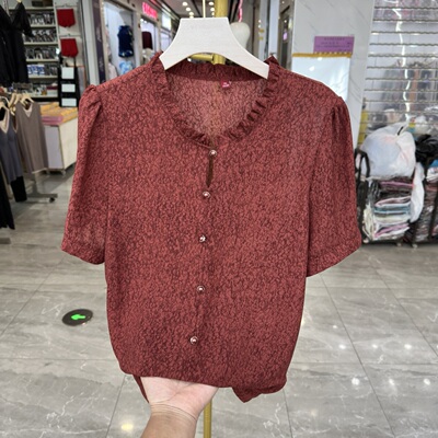 年轻妈妈装印花木耳领雪纺衬衫