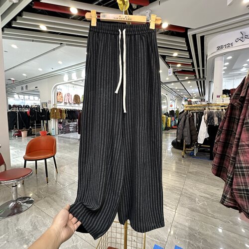 休闲条纹松紧腰抽绳麻料阔腿裤