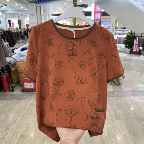 宽松圆领印花短袖纯棉T恤妈妈装