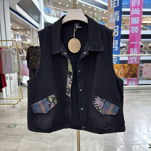 妈妈秋装翻领牛仔马甲休闲拼接