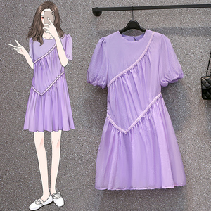 PS45178# 大码女装夏季新款百搭设计感法式甜美遮肉显瘦紫色连衣裙裙子 服装批发女装直播货源