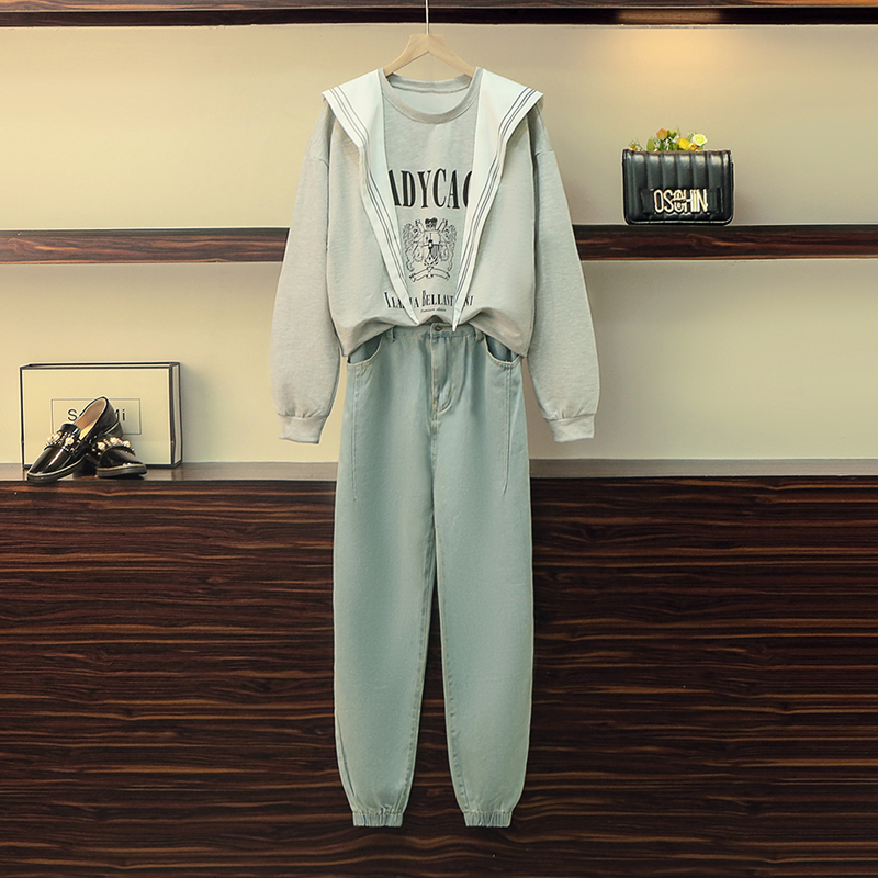 Real shot large size women's spring dress new fat sister age reduction foreign style show thin cover meat sweater jeans two piece suit