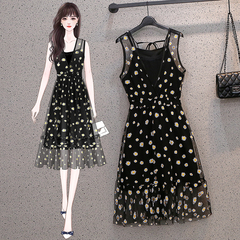 Real shot large size women's summer new fat sister Daisy suspender two piece dress with sleeve less waist