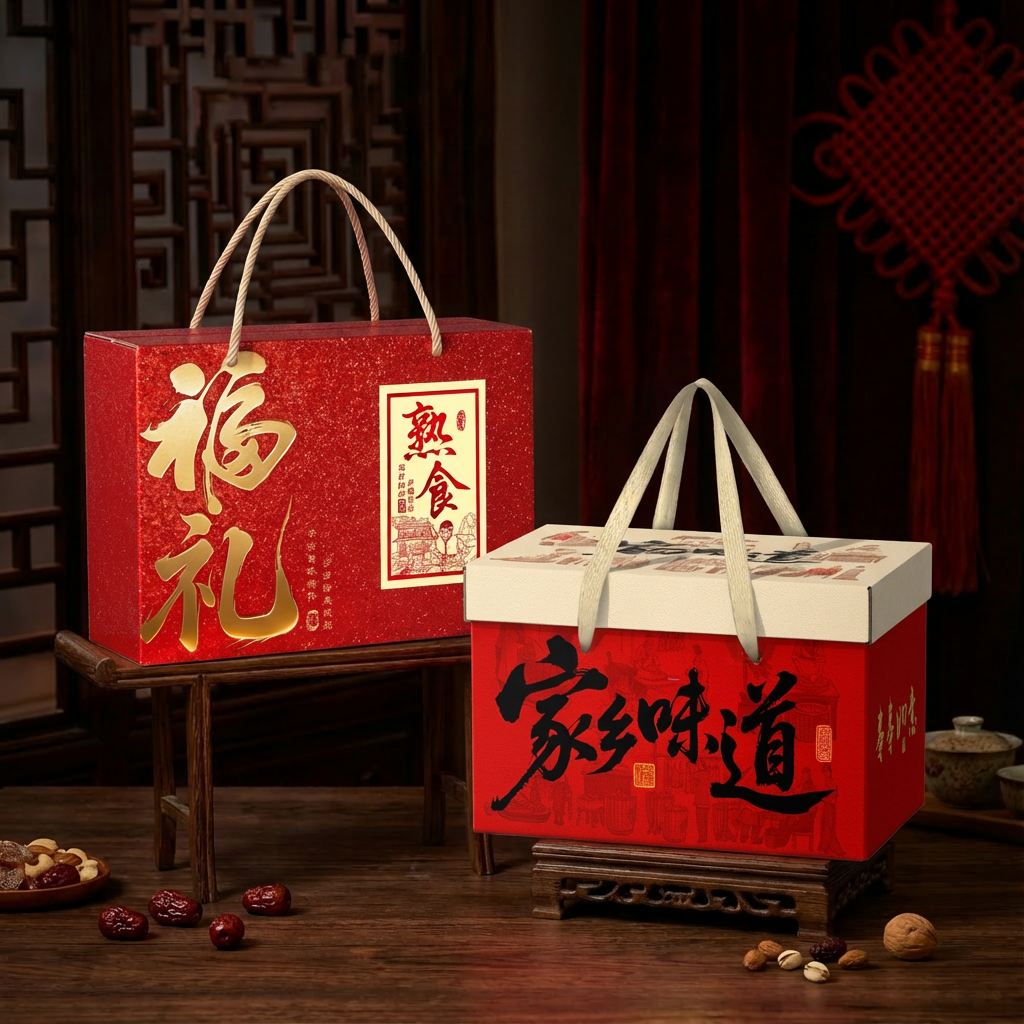 新年礼盒送礼卤味土特产坚果贺新年腊味腊肠牛肉包装空盒定制文字