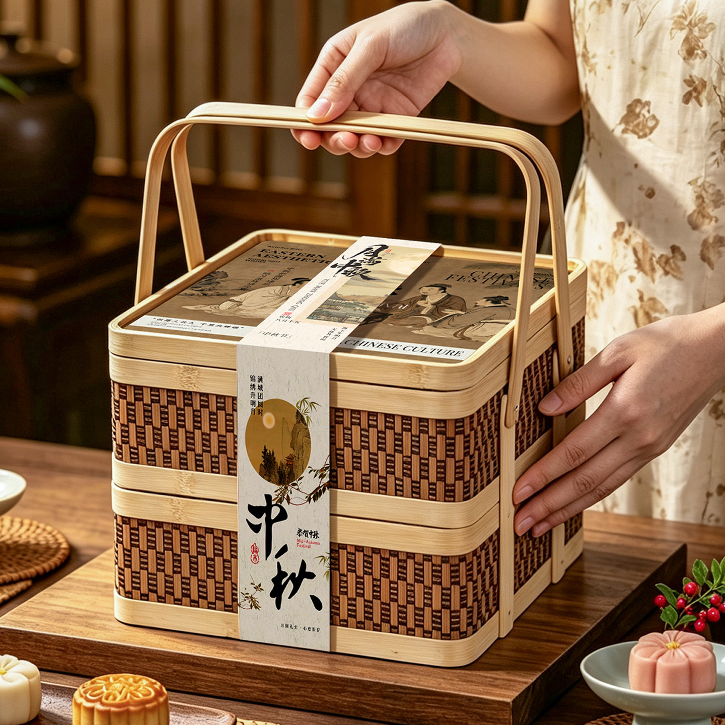 26款经典中式古风中秋月饼礼盒品包装盒空盒糕点定制双层手提竹篮