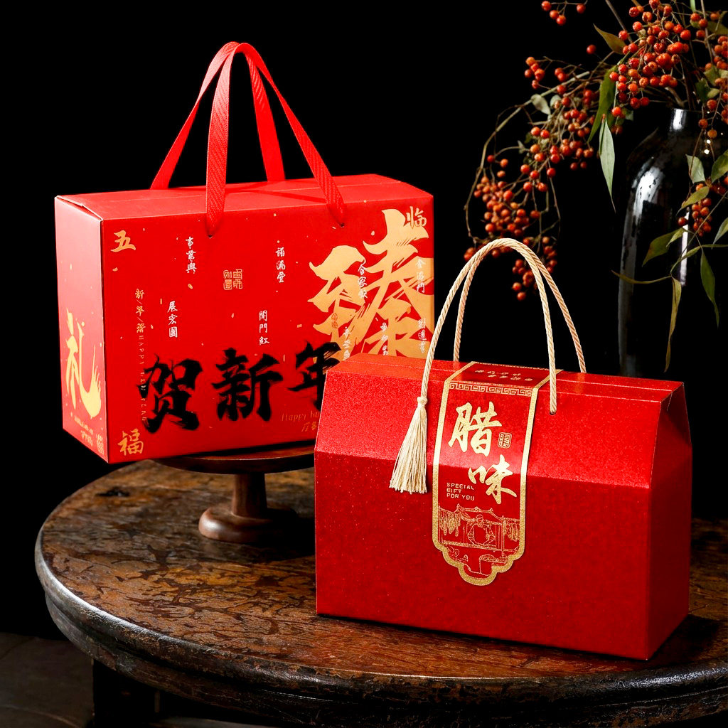 新年礼盒送礼卤味土特产坚果贺新年腊味腊肠牛肉包装空盒定制文字